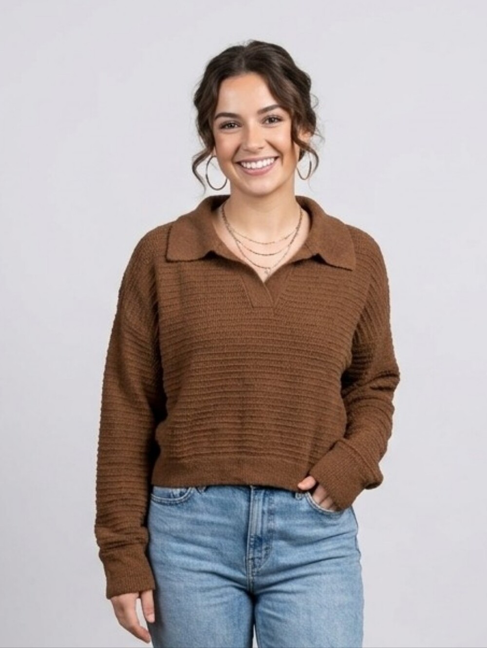 Lush Brown Textured Collared Sweater